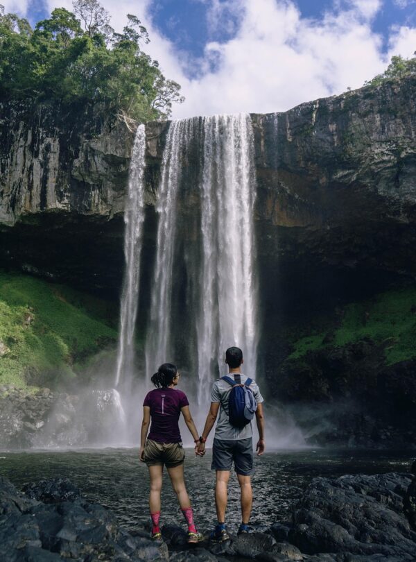 travel, wanderlust, phone wallpaper, couple, waterfalls, falls, holding hands, backpackers, backpacking, travelers, traveling, adventure, landscape, banff, trekking, trip, nature, vacation, journey, alberta, aesthetic wallpaper, iphone wallpaper