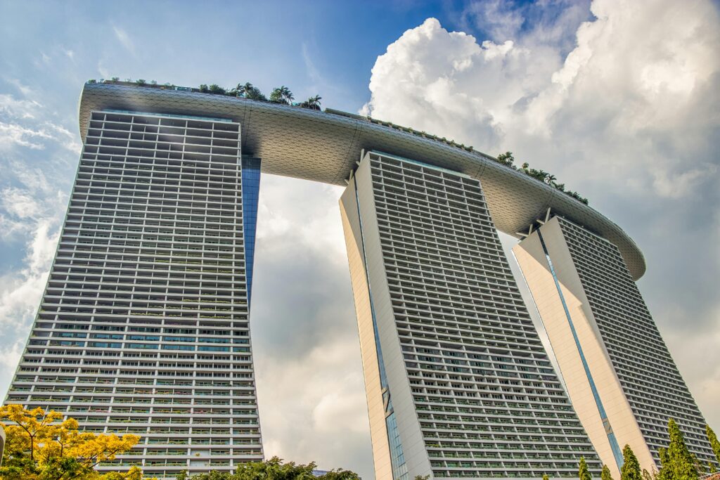Stunning view of Marina Bay Sands against a cloudy sky in Singapore.